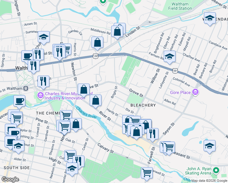 map of restaurants, bars, coffee shops, grocery stores, and more near 81 Bennett Street in Waltham