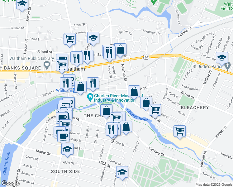 map of restaurants, bars, coffee shops, grocery stores, and more near 374 River Street in Waltham