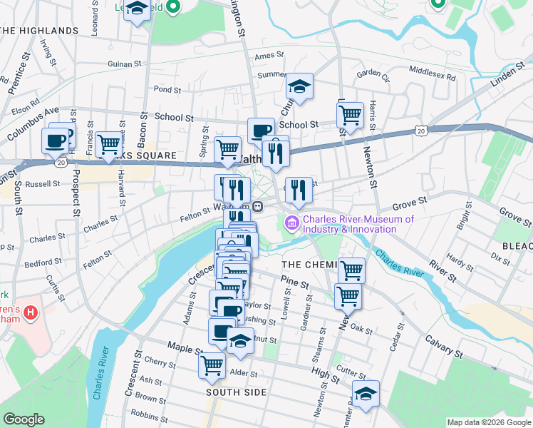 map of restaurants, bars, coffee shops, grocery stores, and more near 144 Moody Street in Waltham