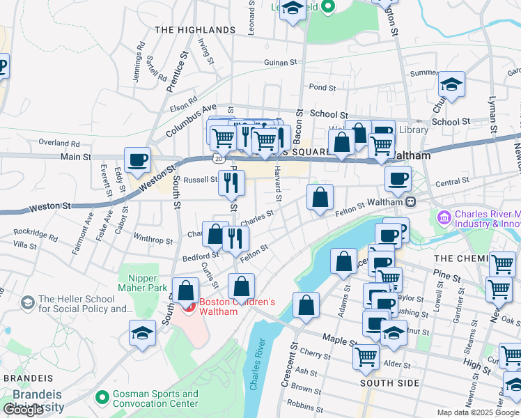 map of restaurants, bars, coffee shops, grocery stores, and more near 199 Charles Street in Waltham