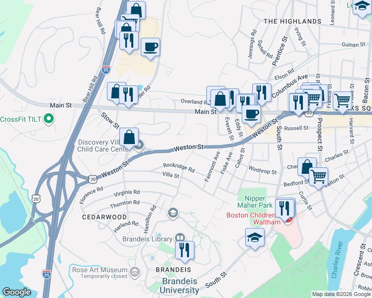 map of restaurants, bars, coffee shops, grocery stores, and more near 40 Elmwood Avenue in Waltham