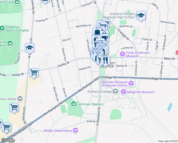 map of restaurants, bars, coffee shops, grocery stores, and more near 39 Kendrick Place in Amherst