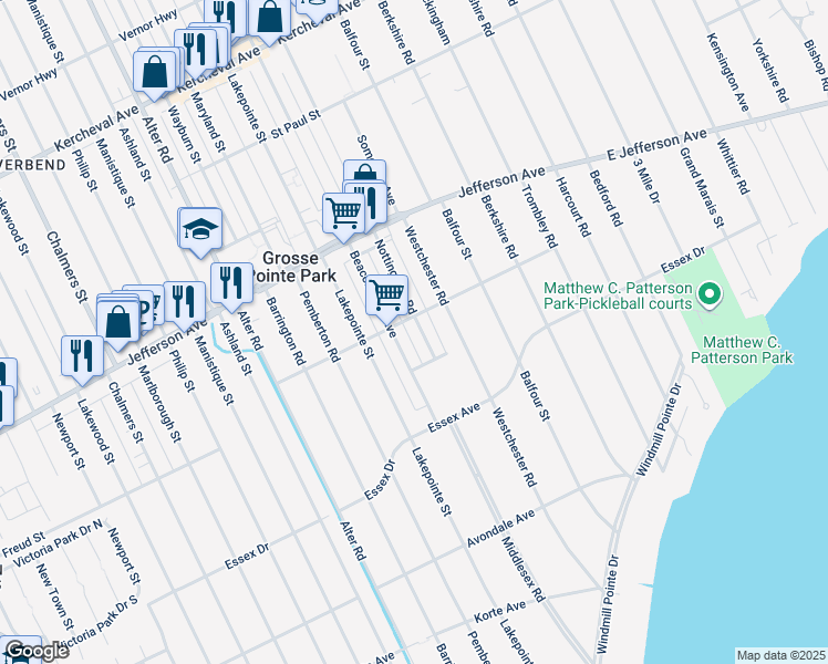 map of restaurants, bars, coffee shops, grocery stores, and more near 837 Nottingham Road in Grosse Pointe Park