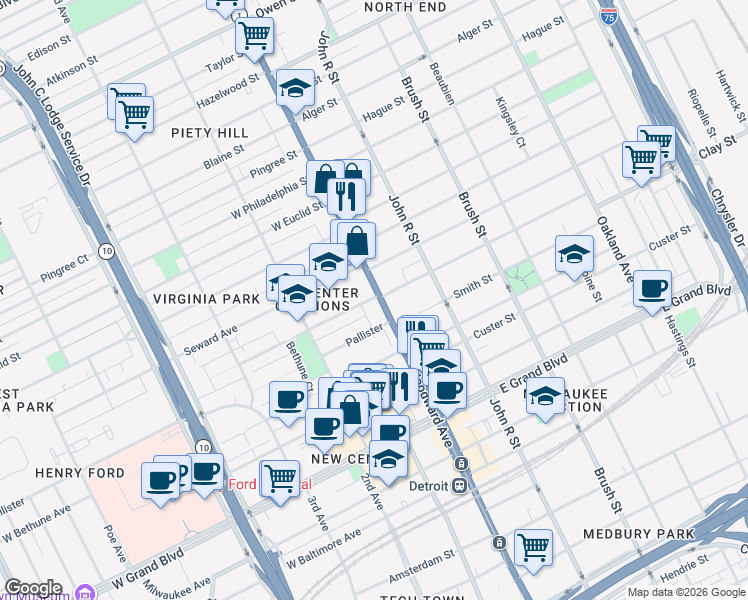 map of restaurants, bars, coffee shops, grocery stores, and more near 7641 Woodward Avenue in Detroit