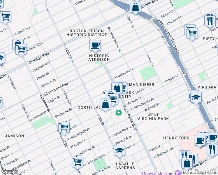 map of restaurants, bars, coffee shops, grocery stores, and more near 1941 Gladstone Street in Detroit