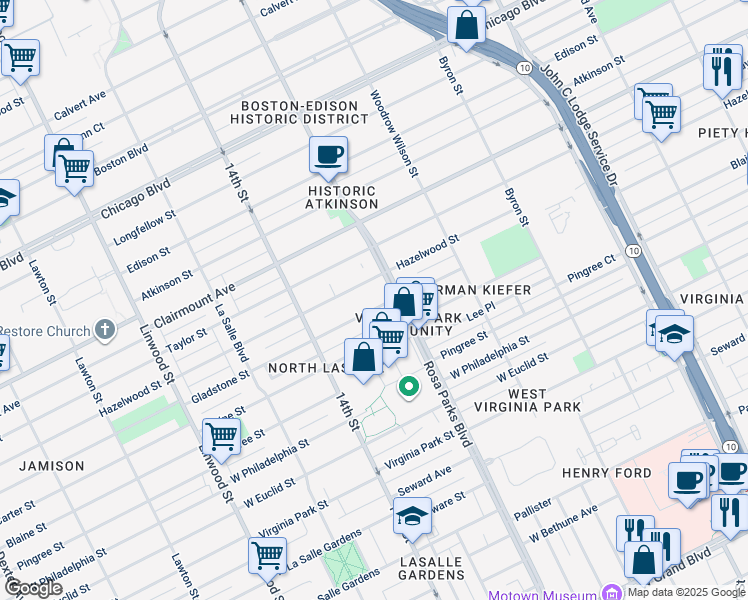 map of restaurants, bars, coffee shops, grocery stores, and more near 1941 Gladstone Street in Detroit