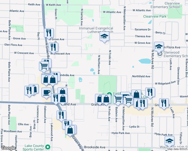 map of restaurants, bars, coffee shops, grocery stores, and more near 3042 West Grandville Avenue in Waukegan