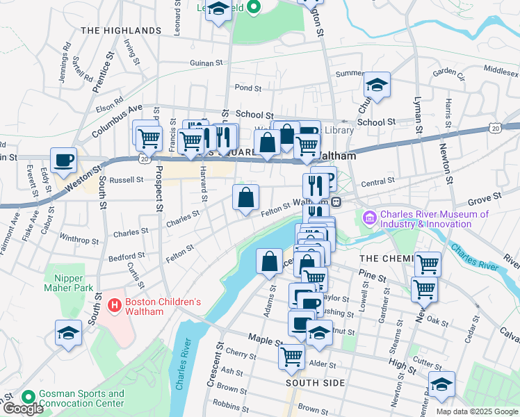 map of restaurants, bars, coffee shops, grocery stores, and more near 100 Felton Street in Waltham