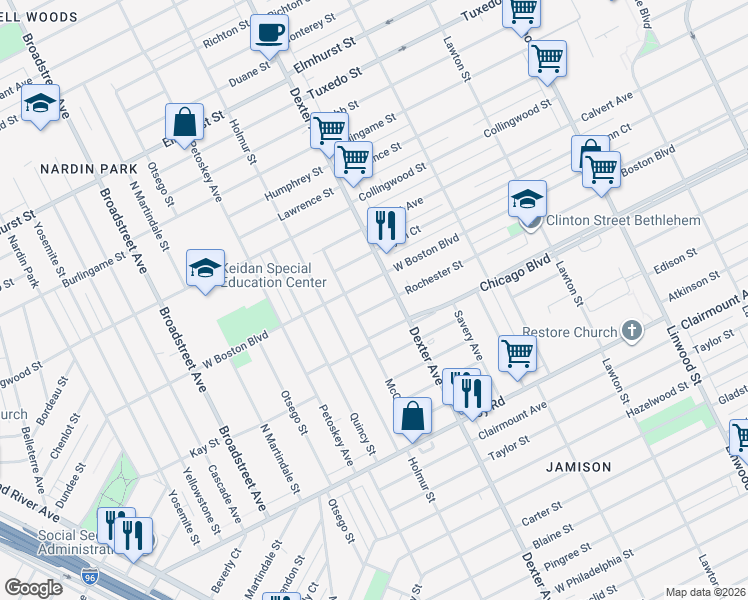 map of restaurants, bars, coffee shops, grocery stores, and more near 3751 Rochester Street in Detroit