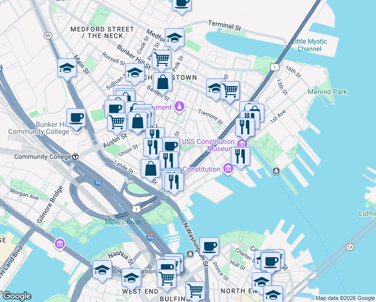 map of restaurants, bars, coffee shops, grocery stores, and more near Common St & Putnam St in Boston