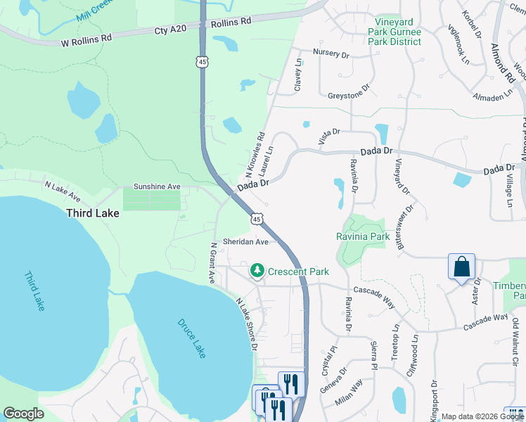 map of restaurants, bars, coffee shops, grocery stores, and more near 962 Knowles Road in Gurnee