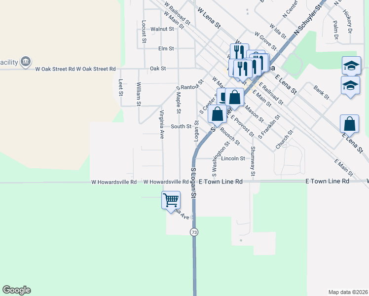 map of restaurants, bars, coffee shops, grocery stores, and more near 803 Logan Street in Lena