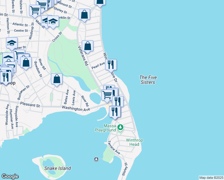 map of restaurants, bars, coffee shops, grocery stores, and more near Ocean Avenue in Winthrop