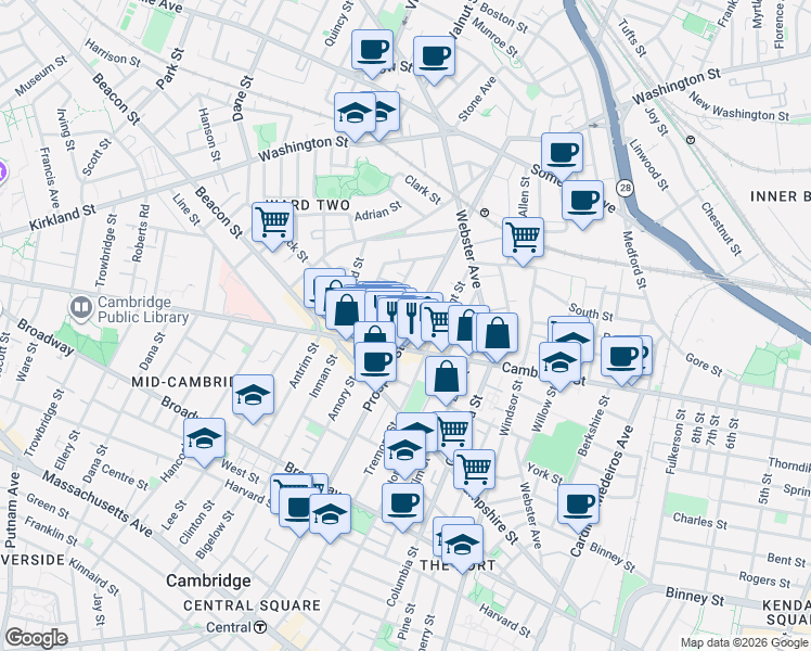 map of restaurants, bars, coffee shops, grocery stores, and more near in Cambridge