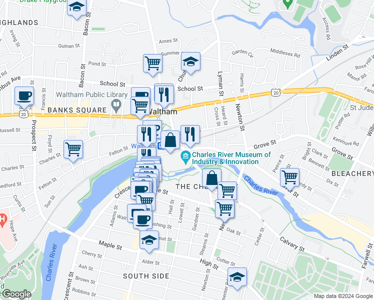 map of restaurants, bars, coffee shops, grocery stores, and more near 438 River Street in Waltham