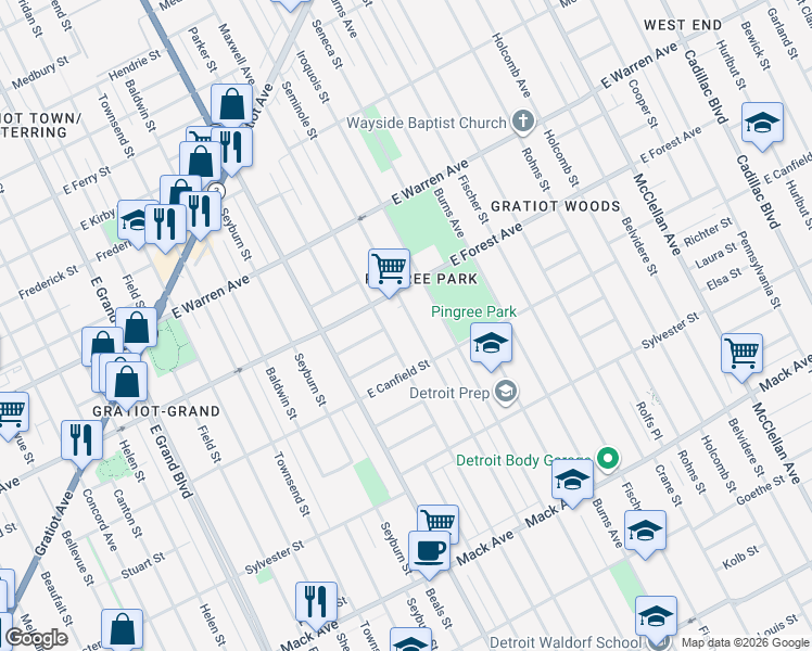map of restaurants, bars, coffee shops, grocery stores, and more near 4485 Seminole Street in Detroit