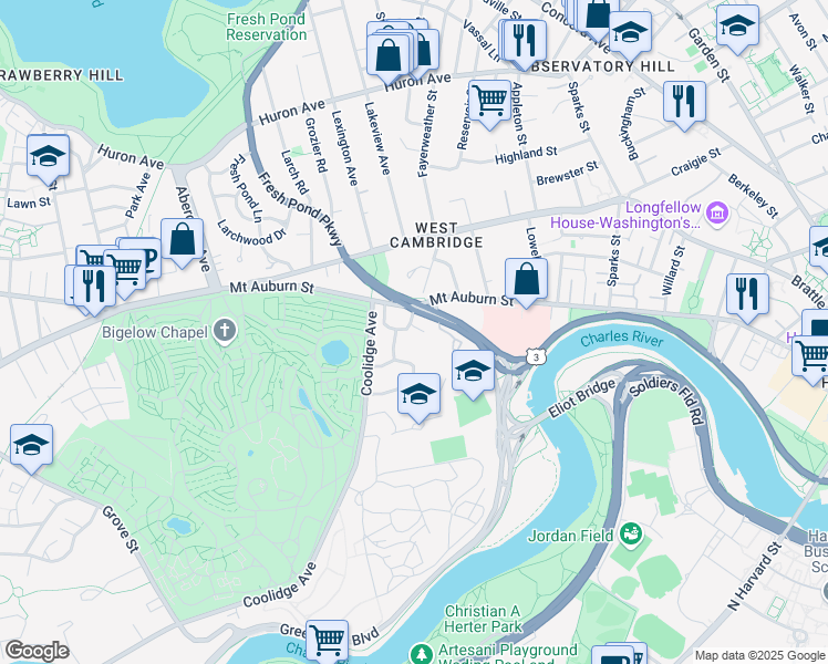 map of restaurants, bars, coffee shops, grocery stores, and more near 10 Coolidge Hill Road in Cambridge