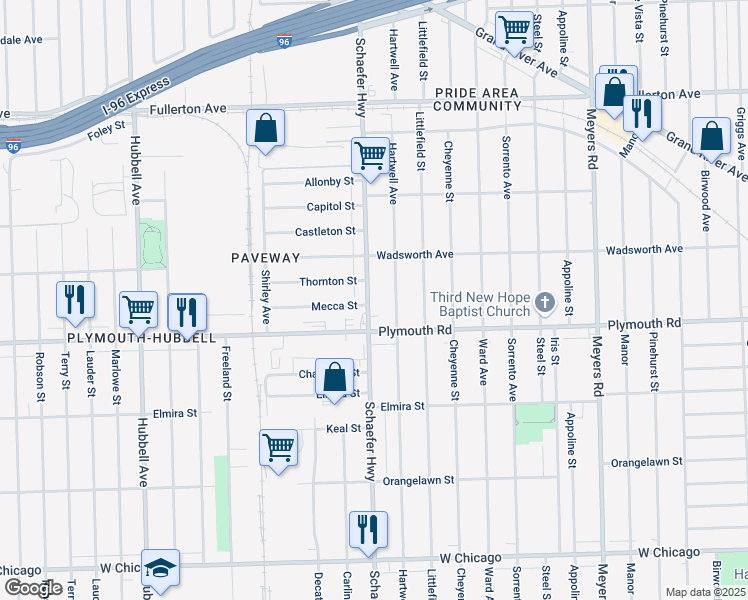 map of restaurants, bars, coffee shops, grocery stores, and more near 11702 Schaefer Highway in Detroit