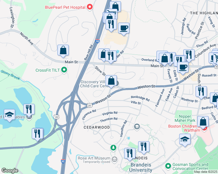 map of restaurants, bars, coffee shops, grocery stores, and more near 33 Tavern Road in Waltham