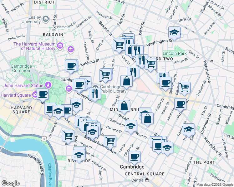 map of restaurants, bars, coffee shops, grocery stores, and more near 66 Dana Street in Cambridge