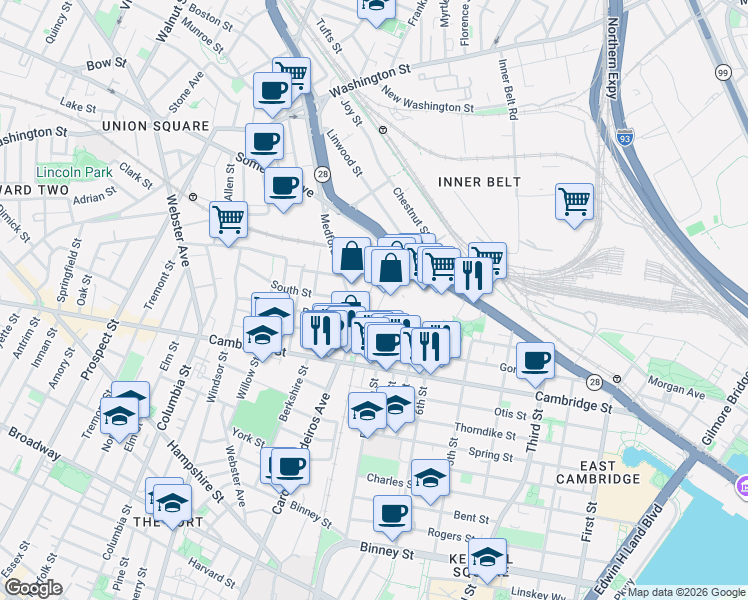 map of restaurants, bars, coffee shops, grocery stores, and more near 9 Medford Street in Somerville