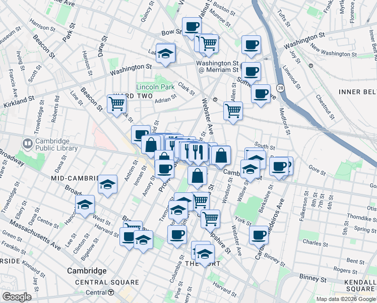 map of restaurants, bars, coffee shops, grocery stores, and more near 107 Tremont Street in Cambridge