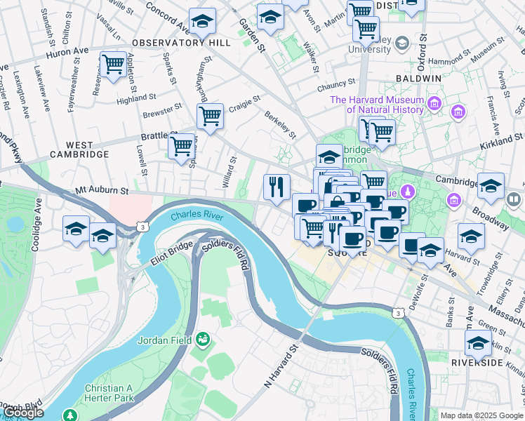 map of restaurants, bars, coffee shops, grocery stores, and more near 1000 Memorial Drive in Cambridge