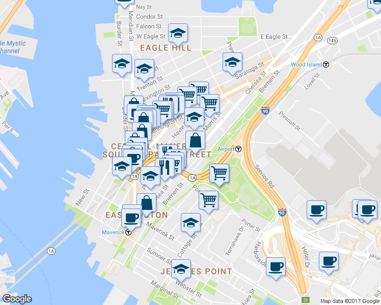 map of restaurants, bars, coffee shops, grocery stores, and more near 159 Chelsea Street in Boston