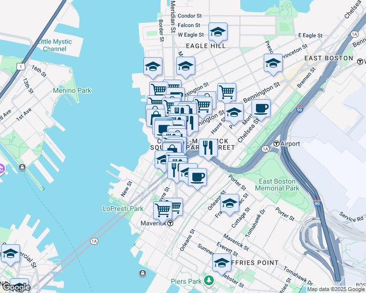 map of restaurants, bars, coffee shops, grocery stores, and more near 135 London Street in Boston
