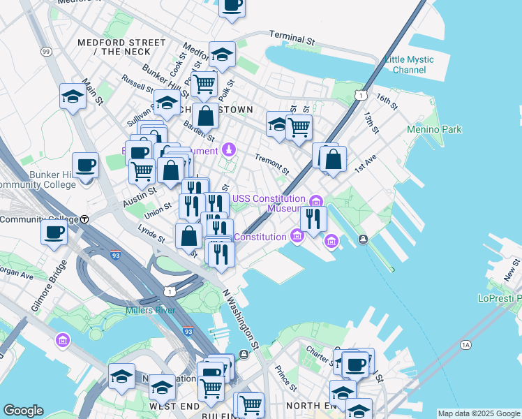 map of restaurants, bars, coffee shops, grocery stores, and more near 5 Putnam Street in Boston