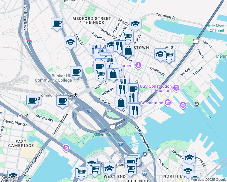 map of restaurants, bars, coffee shops, grocery stores, and more near 18 Devens Street in Boston