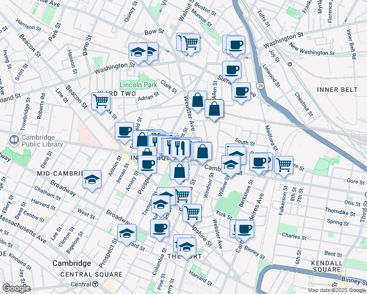 map of restaurants, bars, coffee shops, grocery stores, and more near 299 Elm Street in Cambridge