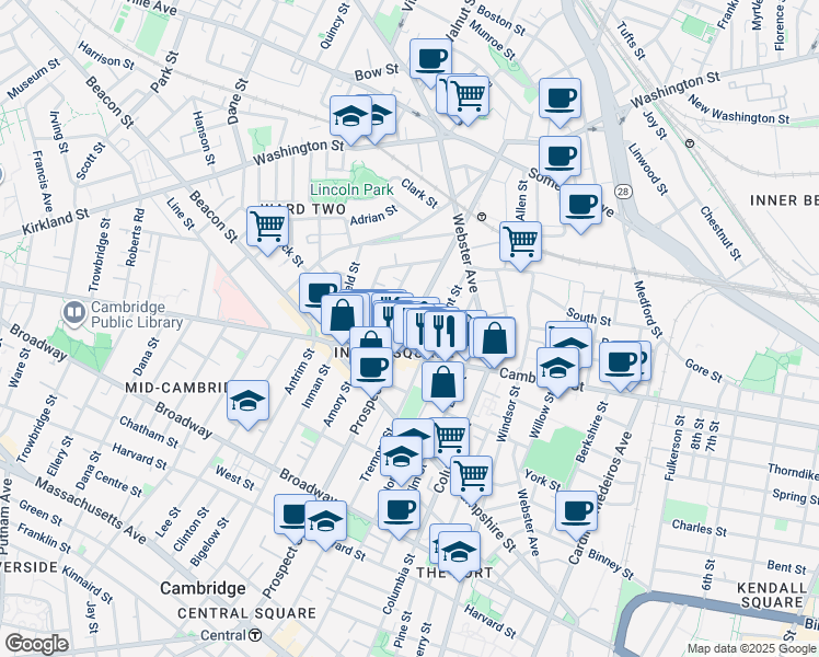 map of restaurants, bars, coffee shops, grocery stores, and more near 109 Tremont Street in Cambridge