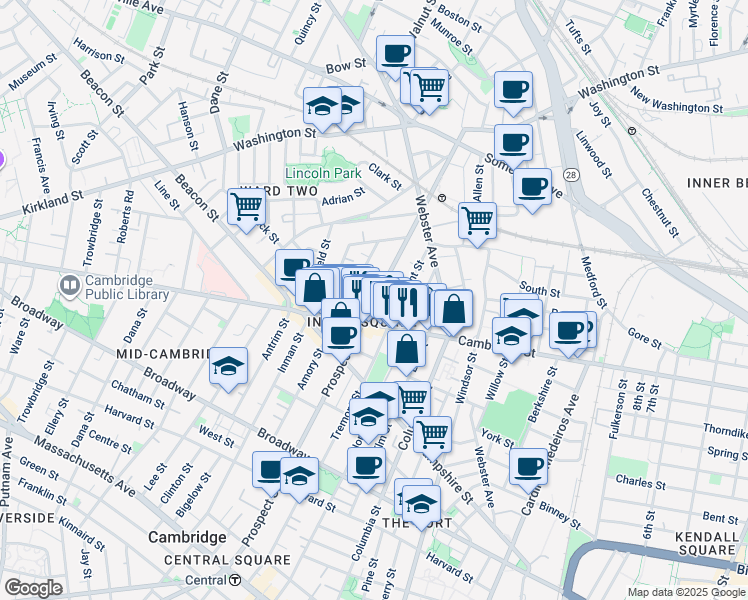 map of restaurants, bars, coffee shops, grocery stores, and more near 109 Tremont Street in Cambridge