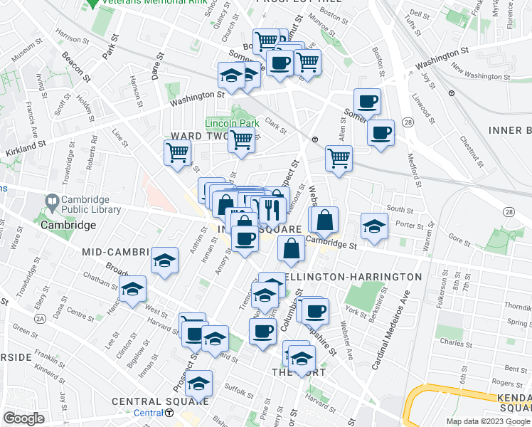 map of restaurants, bars, coffee shops, grocery stores, and more near in Cambridge