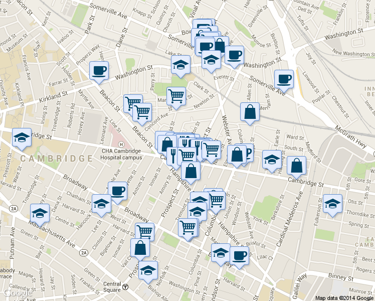 map of restaurants, bars, coffee shops, grocery stores, and more near in Cambridge