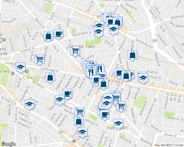 map of restaurants, bars, coffee shops, grocery stores, and more near 1334 Cambridge Street in Cambridge
