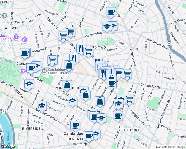 map of restaurants, bars, coffee shops, grocery stores, and more near in Cambridge