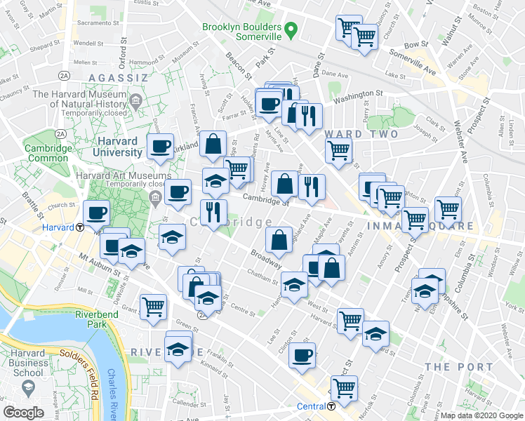 map of restaurants, bars, coffee shops, grocery stores, and more near 66 Dana Street in Cambridge