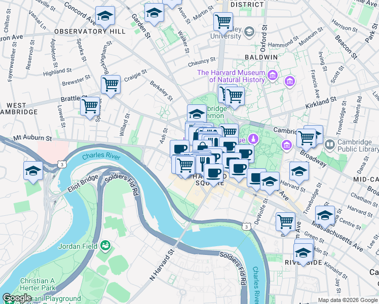 map of restaurants, bars, coffee shops, grocery stores, and more near 1 Mifflin Place in Cambridge
