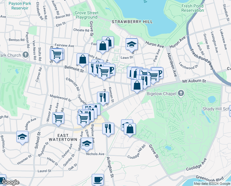 map of restaurants, bars, coffee shops, grocery stores, and more near 736 Mount Auburn Street in Watertown