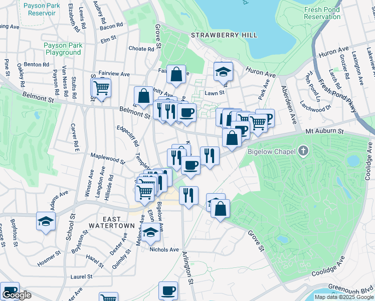 map of restaurants, bars, coffee shops, grocery stores, and more near 21 Prentiss Street in Watertown