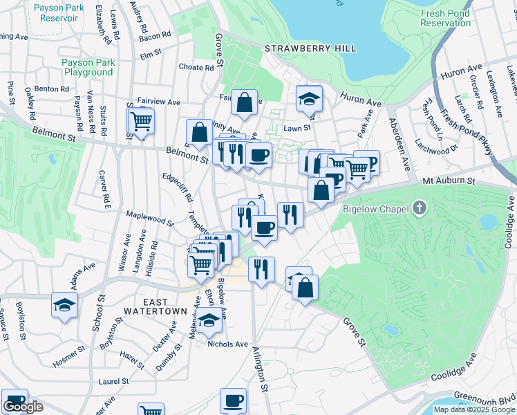 map of restaurants, bars, coffee shops, grocery stores, and more near 21 Prentiss Street in Watertown