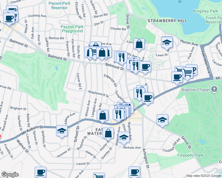 map of restaurants, bars, coffee shops, grocery stores, and more near 17 Edgecliff Road in Watertown