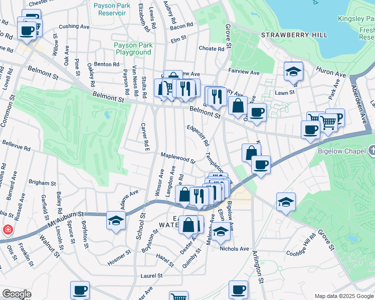 map of restaurants, bars, coffee shops, grocery stores, and more near 73 Hillside Road in Watertown