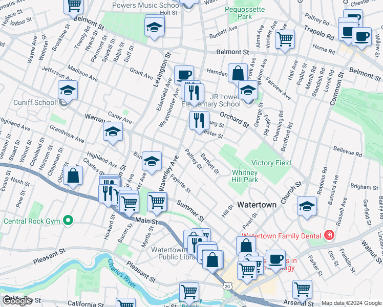 map of restaurants, bars, coffee shops, grocery stores, and more near 113 Forest Street in Watertown