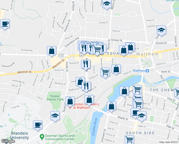 map of restaurants, bars, coffee shops, grocery stores, and more near 199 Charles Street in Waltham