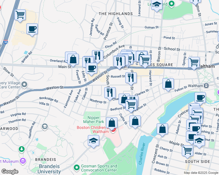 map of restaurants, bars, coffee shops, grocery stores, and more near in Waltham