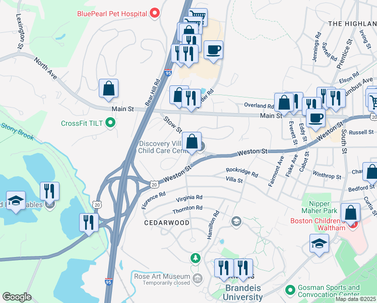 map of restaurants, bars, coffee shops, grocery stores, and more near 33 Tavern Road in Waltham