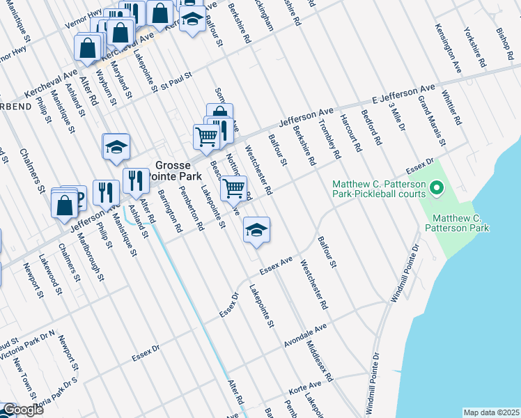 map of restaurants, bars, coffee shops, grocery stores, and more near 837 Nottingham Road in Grosse Pointe Park